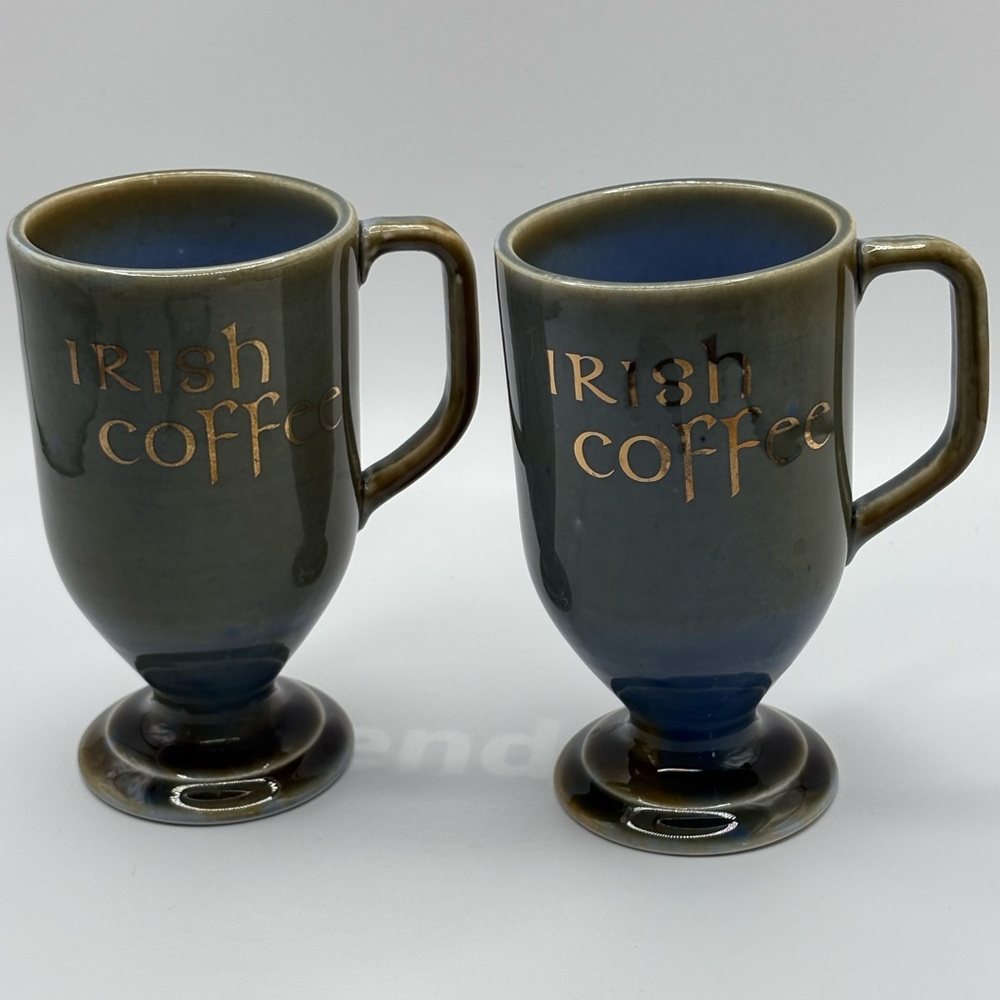 Set Of 2 VTG 1950s Wade Irish Coffee Pedestal Mugs Porcelain Green Blue 7 Oz
